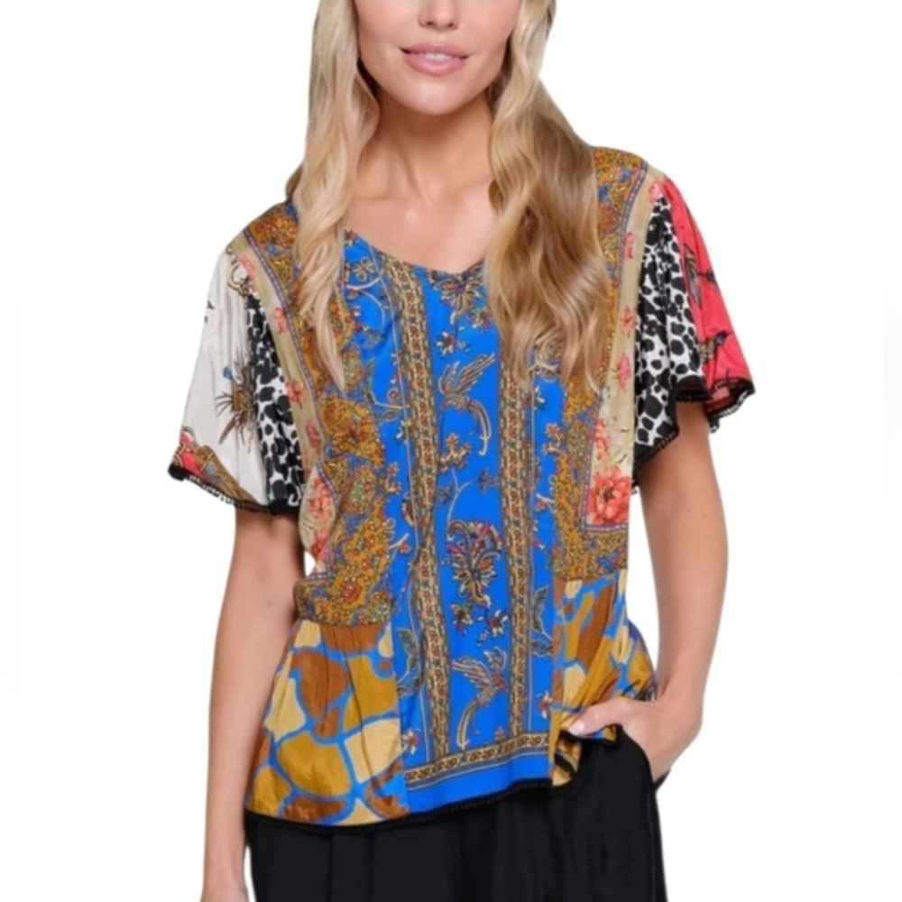 John Mark NWT Mixed Print V-Neck Blouse – Medium | Trendy Summer Top